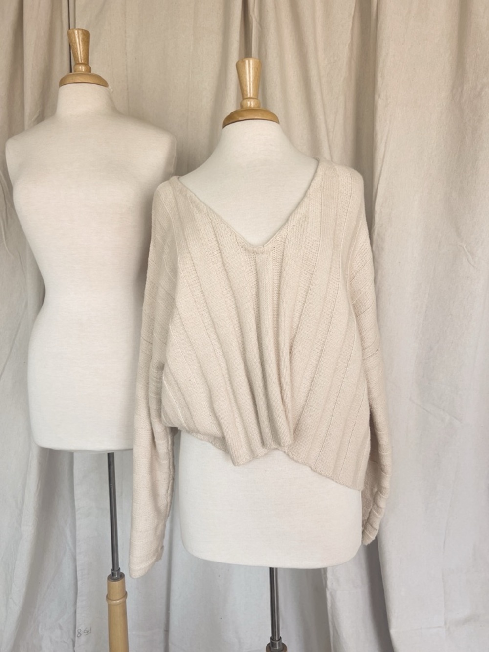 Cream Ribbed V-Neck Women's Sweater - Picture 5 of 5
